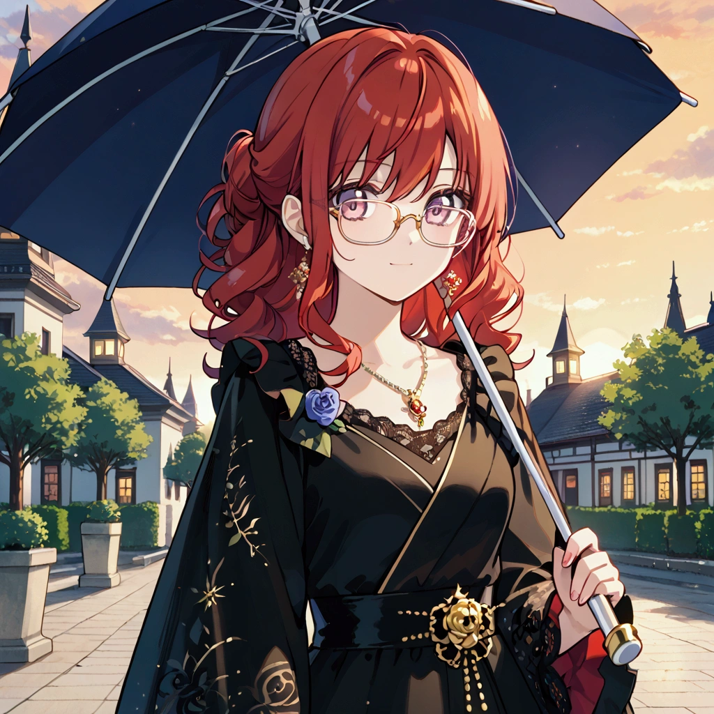 KaguraMLBB, Exorcist, 1Girl, Anime, Holding Umbrella,Red Hair, Adorable, Adorable Glasses sunset.