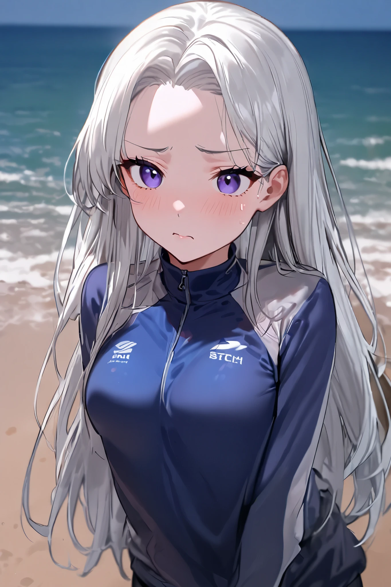  top quality,  super high resolution , 1 woman, ( cute :1.4), Purple eyes, black eyes,  white hair ,  can see the forehead, Long hair, Gentle Snow , 20 years old,  with a shy expression , ( Rash Guard:1.4), seashore, bitch,  cute 눈, One side of the hair behind the ear,