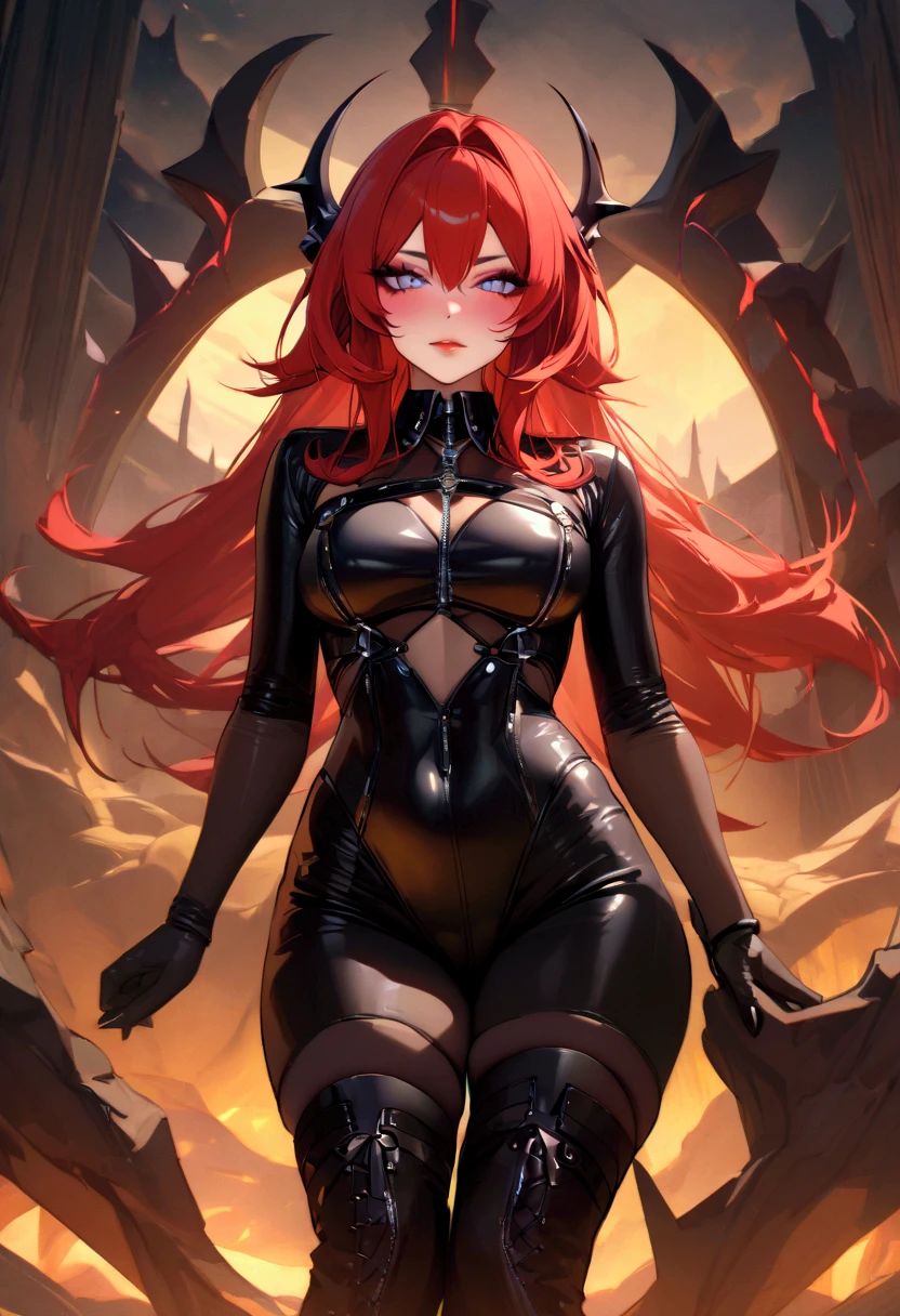 Surtr, Night view, Beauty, Beautiful eyes, blush, uhd, retina, masterpiece, ccurate, anatomically correct, textured skin, super detail, high details, high quality, best quality, highres, knee high boots, gloss lips, lipstick, 4K, eyeshadow, eyeliner, blush, long hair, lipstick, red hair, long eyelashes, evil grin, latex, tongue