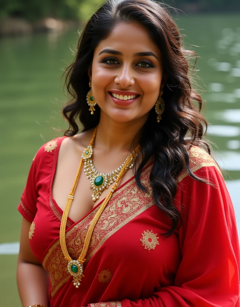 Beautiful sexy thick indian woman, wearing traditional Indian saree with jewelleries, sexy red bridal saree, with sexy golden blouse, sexy attractive curvy woman, huge breast, downblouse, cleavage, beautifull attractive curvy woman, seductive look, highly detailed skin and face texture, happy face ,  natural cute, white teeth,  smile, skin details, halft body shot image, looking in camera , morning, taking bath in a lake, wet body and hair, water droplets on face and body, outdoor, sunrays, sexy pose, hyper realistic, 4k, cinematic masterpiece 