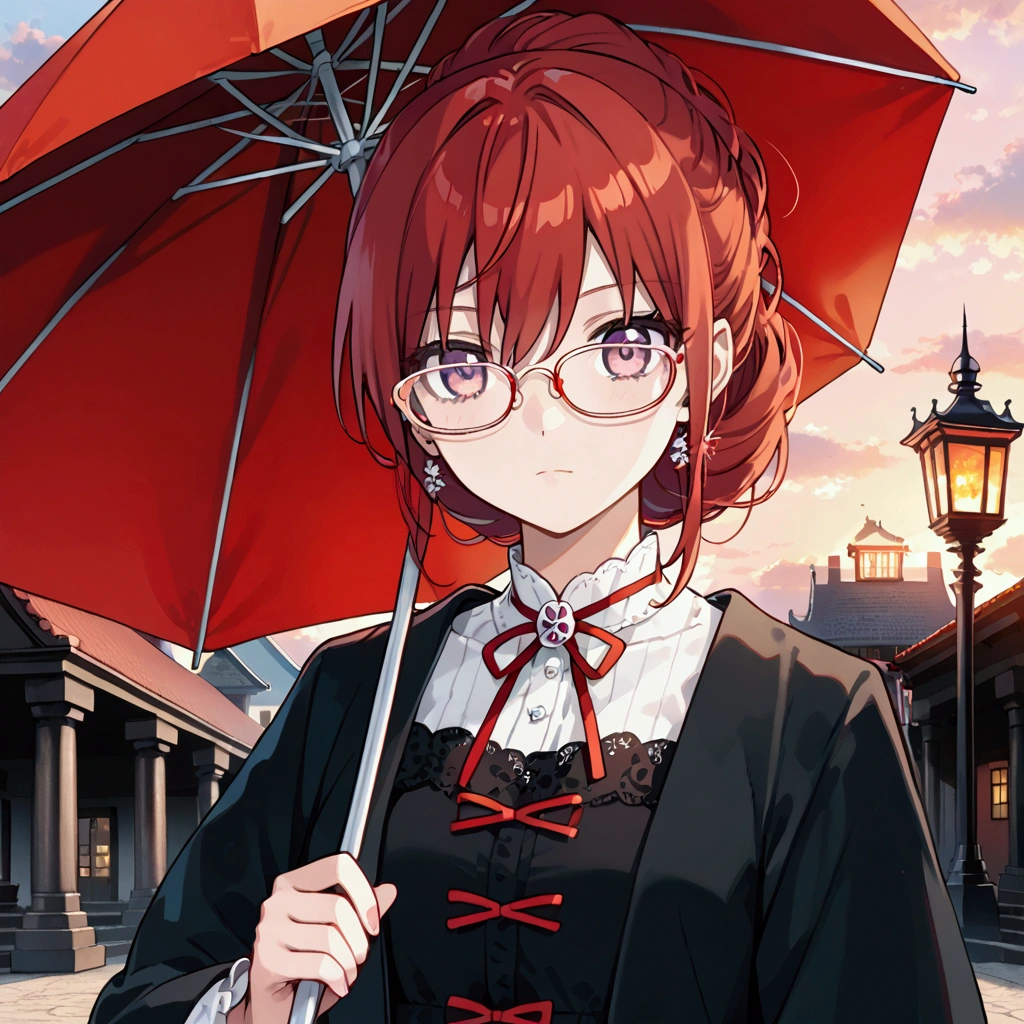 KaguraMLBB, Exorcist, 1Girl, Anime, Holding Umbrella,Red Hair, Adorable, Adorable Glasses sunset.