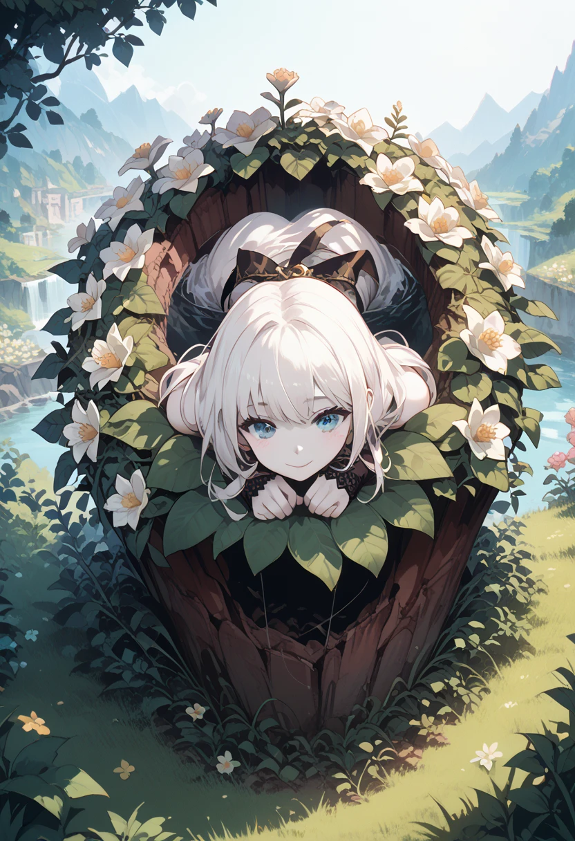 Perky, cute, pale skin, white hair, 1girl, full body, stuck in giant flower