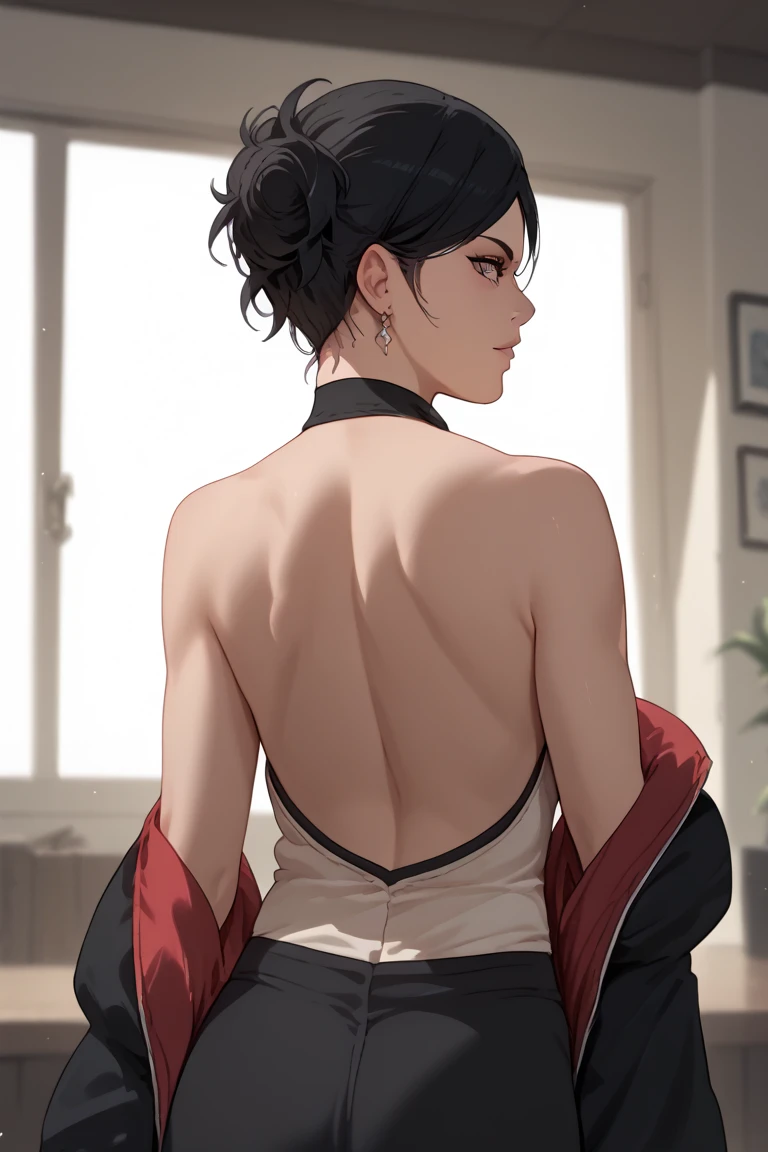 Sexy woman who is wearing a backless blouse and a saree and hair tied in a bun, tiny room, dark room, one lamp, sweaty, pleasure
