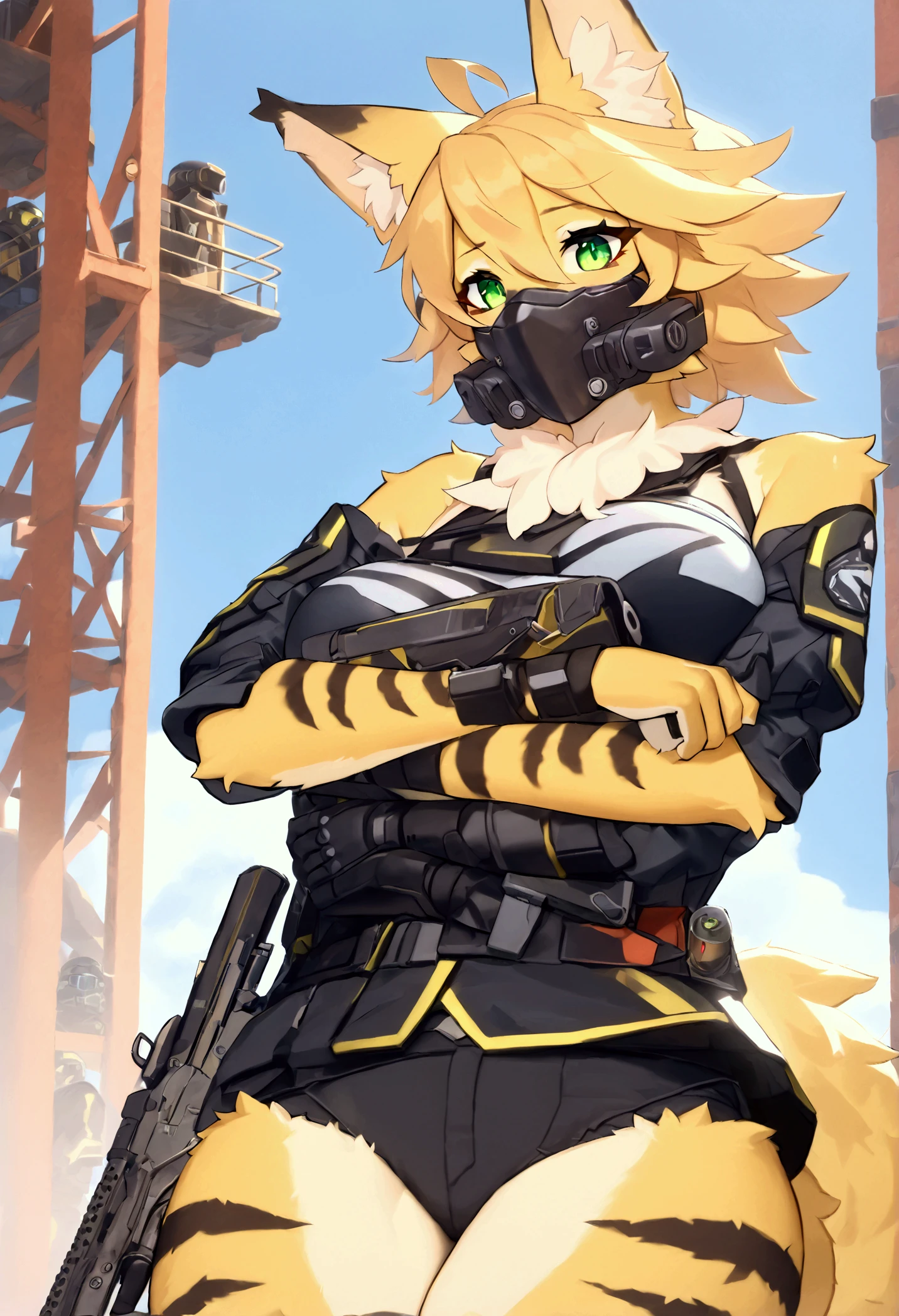 (top quality, best quality, High-quality illustrations, masterpiece, perfect artwork, cinematic light and shading, 16k, 1080p, uploaded on e621)(kemono, furry, anthro, alone), 1 larger female, (very detailed body, face, tail, arms, hands, legs, head and eyes), Helldiver, cat, Pulchra, (Zenless Zone Zero), big breasts, yellow fur, fluffy, striped fur, striped body, cat ears, cat fluffy tail, cat cute hair, perfect eyes, green eyes, black pupils, wearing a mask, beautiful Helldiver outfit, beautiful Helldiver armor, body movement, body twitching, jiggle physics,