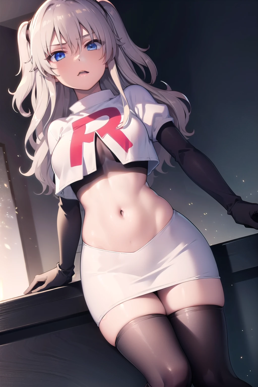 1girl,åå©å¥ç»ª,long hair,two side up,white hair,blue eyes,hair between eyes,
team rocket,team rocket uniform,white skirt,red letter R,crop top,black thigh-highs,black elbow gloves,, (masterpiece:1,2), best quality, masterpiece, highres, original, extremely detailed wallpaper, perfect lighting,(extremely detailed CG:1.2),