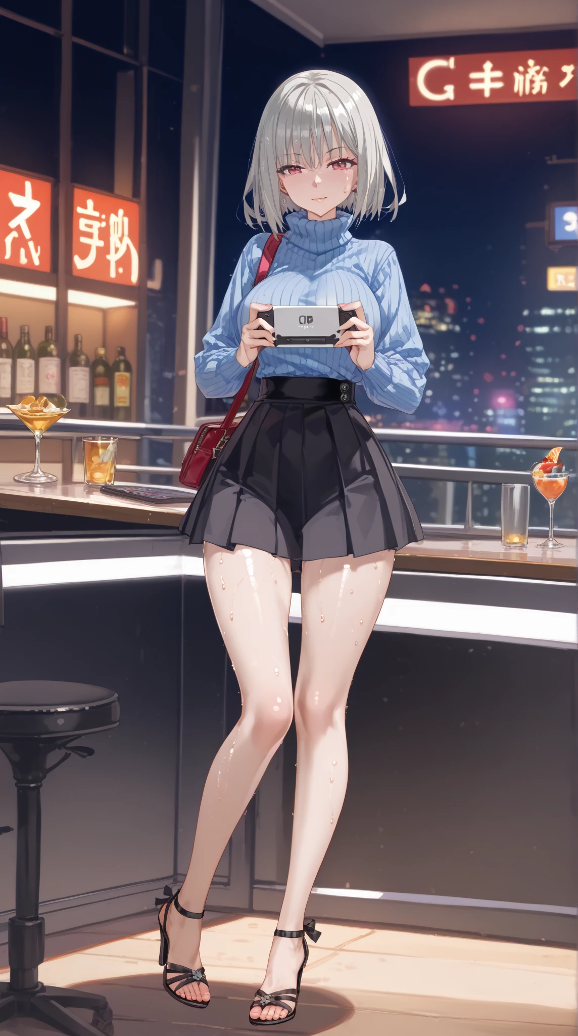 Ridiculous resolution,  super detailed ,  top quality , shape, 8k, Super high resolution, grayish hair 、Pixie  short、amount、glass、 short、 small、 midnight pin heels 、 thin, cumin , straight hair 、 short hair, glass , (((sweat)))、 turtleneck dress 、skin、Stiletto sandals、 beautiful legs with tails、
  holding a handheld game console ,now、Backstreets、Full body paint、 detailed face 、 graceful face、Detailed skin、Shiny skin、 detailed face 、 graceful face、Detailed skin、Shiny skin、 beautiful faces、perfect face、に精巧で beautiful facesと目、 attractive face 、 top view 、Respect、nightclub、 touches chest, Subjective hand, ((oily skin, shiny skin))