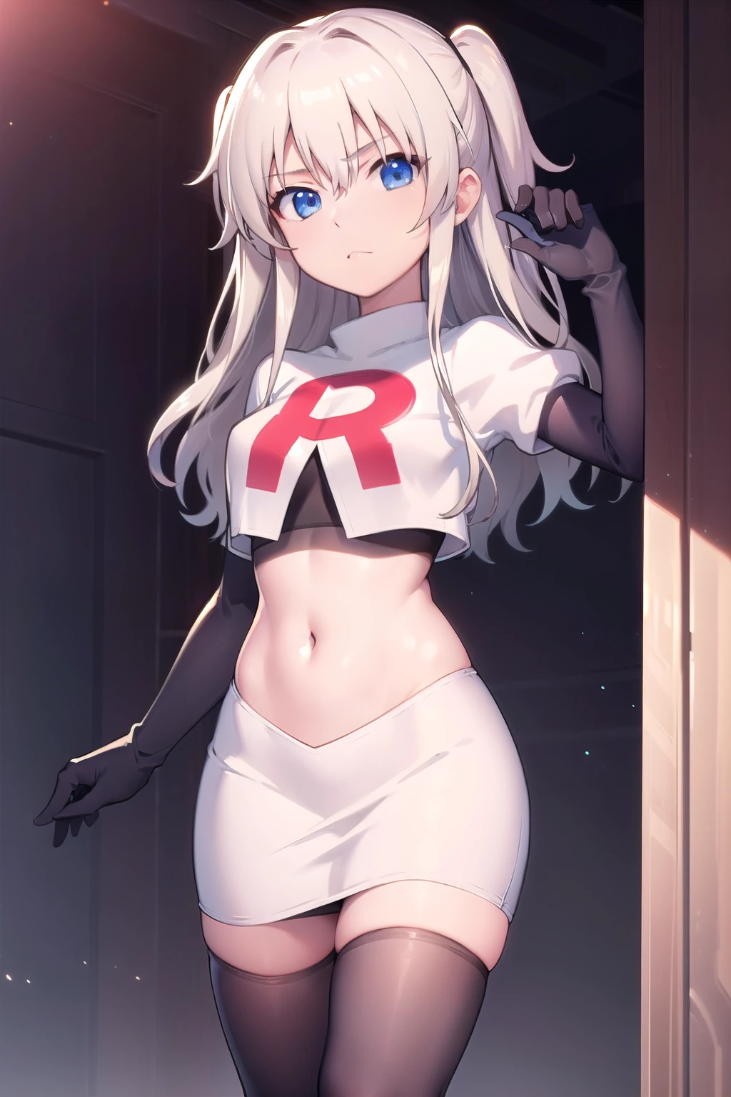 1girl,åå©å¥ç»ª,long hair,two side up,white hair,blue eyes,hair between eyes,
team rocket,team rocket uniform,white skirt,red letter R,crop top,black thigh-highs,black elbow gloves,, (masterpiece:1,2), best quality, masterpiece, highres, original, extremely detailed wallpaper, perfect lighting,(extremely detailed CG:1.2),