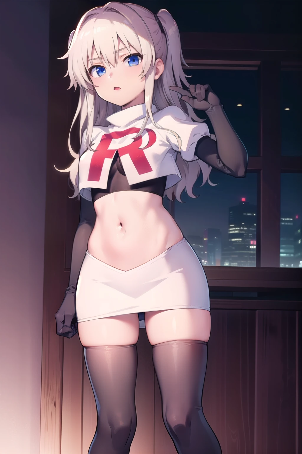 1girl,åå©å¥ç»ª,long hair,two side up,white hair,blue eyes,hair between eyes,
team rocket,team rocket uniform,white skirt,red letter R,crop top,black thigh-highs,black elbow gloves,, (masterpiece:1,2), best quality, masterpiece, highres, original, extremely detailed wallpaper, perfect lighting,(extremely detailed CG:1.2),