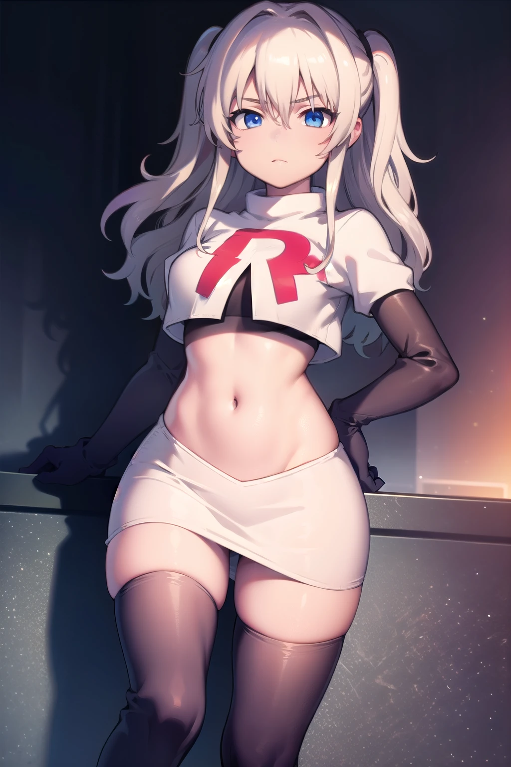 1girl,åå©å¥ç»ª,long hair,two side up,white hair,blue eyes,hair between eyes,
team rocket,team rocket uniform,white skirt,red letter R,crop top,black thigh-highs,black elbow gloves,, (masterpiece:1,2), best quality, masterpiece, highres, original, extremely detailed wallpaper, perfect lighting,(extremely detailed CG:1.2),