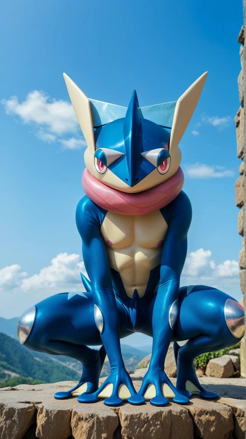 (   masterpiece,    best quality:1.2),alone,greninja male  \(pokemon\),pokemon \(creature\),   full body,     there are no humans,   extended arms  ,    blue skin   ,    pants looking at the viewer ,blue sky,  squat posture  ,  open legs, husky, beefy, salivating, mirada seductora, musculos marcados, desde abajo