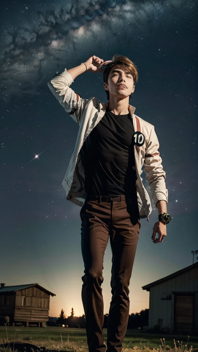 benuaf, 1boy, brown hair, seeing his watch, full body, Milky Way Sky, Realistic, masterpiece, best quality