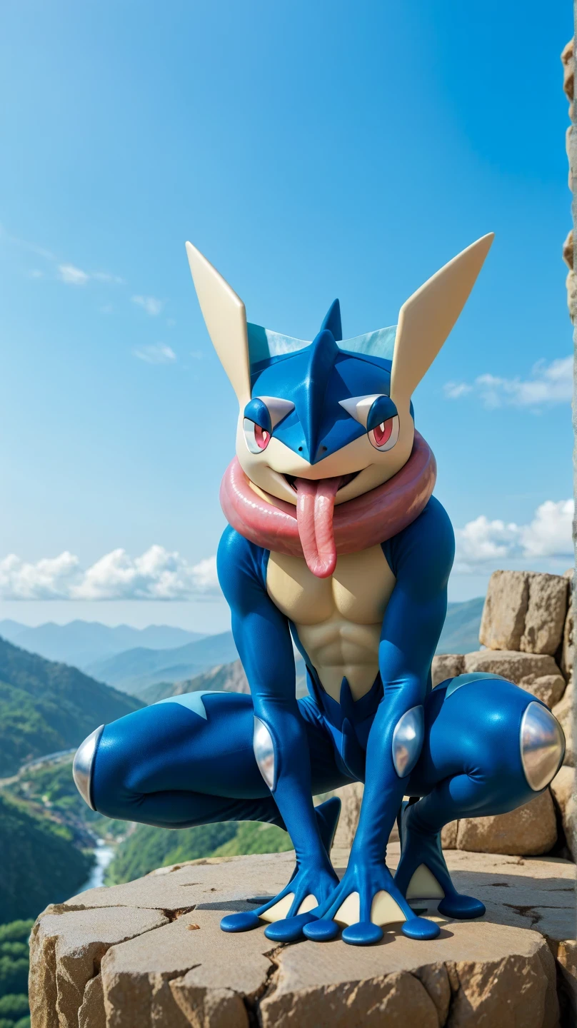 (   masterpiece,    best quality:1.2),alone,greninja male  \(pokemon\),pokemon \(creature\),   full body,     there are no humans,   extended arms   ,    long tongue,    blue skin   ,    pants looking at the viewer ,blue sky,  crouching posture  ,  open legs, husky, beefy, salivating, male greninja, postura en cuclillas de frente