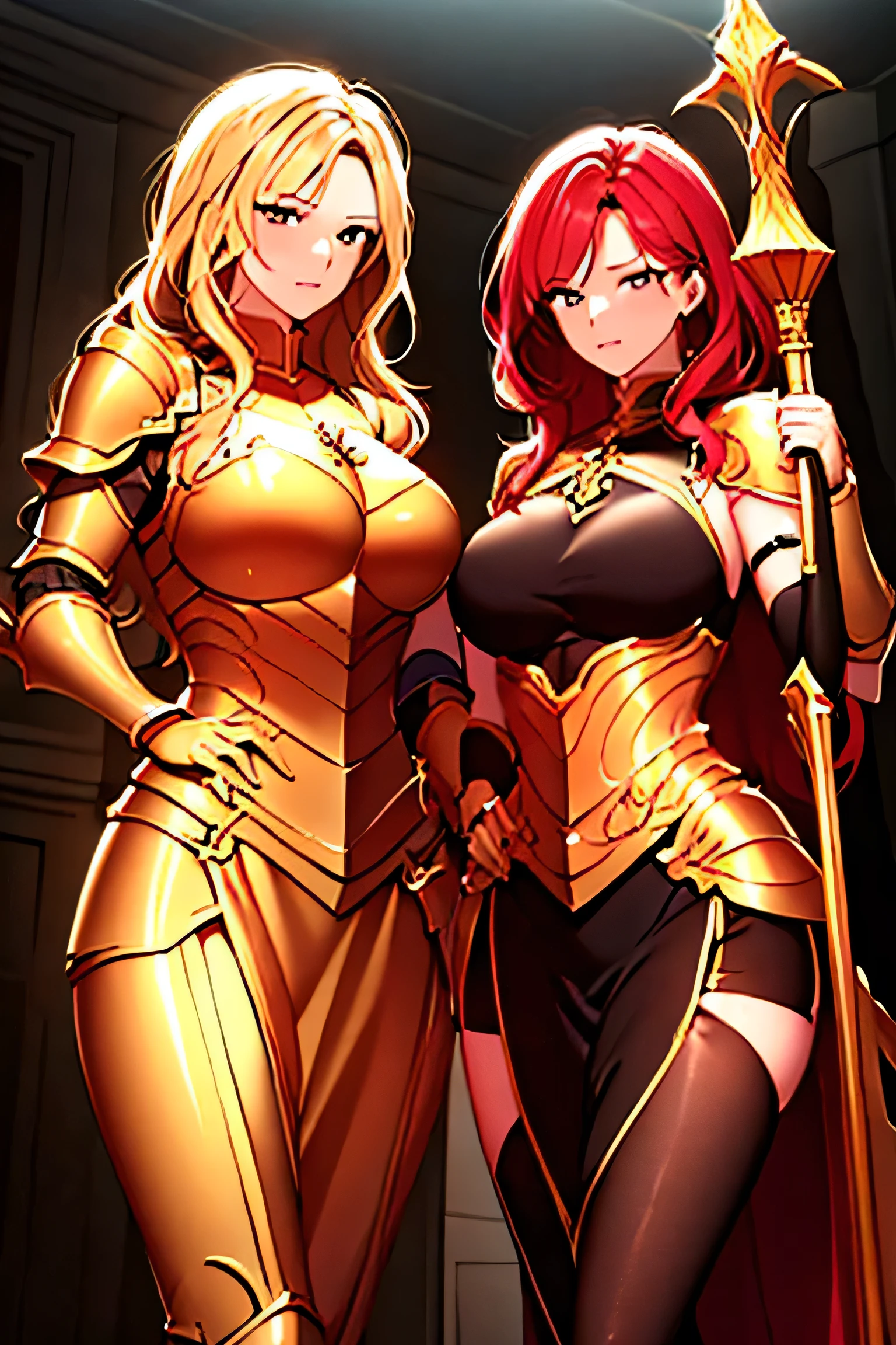 tow female paladin (x2 girls in same picture ) one blonde paladin with lovely golden eyes wearing a golden plate armor holding a golden mace and golden shield . second girl is redhead paladin wearing a black/red plate armor with a great black sword .
