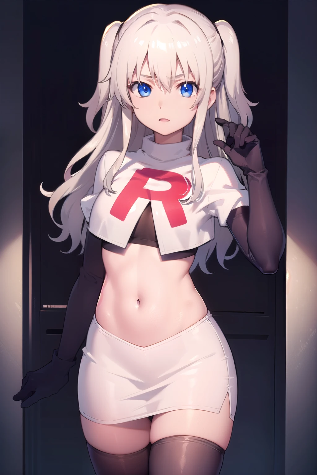 1girl,åå©å¥ç»ª,long hair,two side up,white hair,blue eyes,hair between eyes,
team rocket,team rocket uniform,white skirt,red letter R,crop top,black thigh-highs,black elbow gloves,, (masterpiece:1,2), best quality, masterpiece, highres, original, extremely detailed wallpaper, perfect lighting,(extremely detailed CG:1.2),