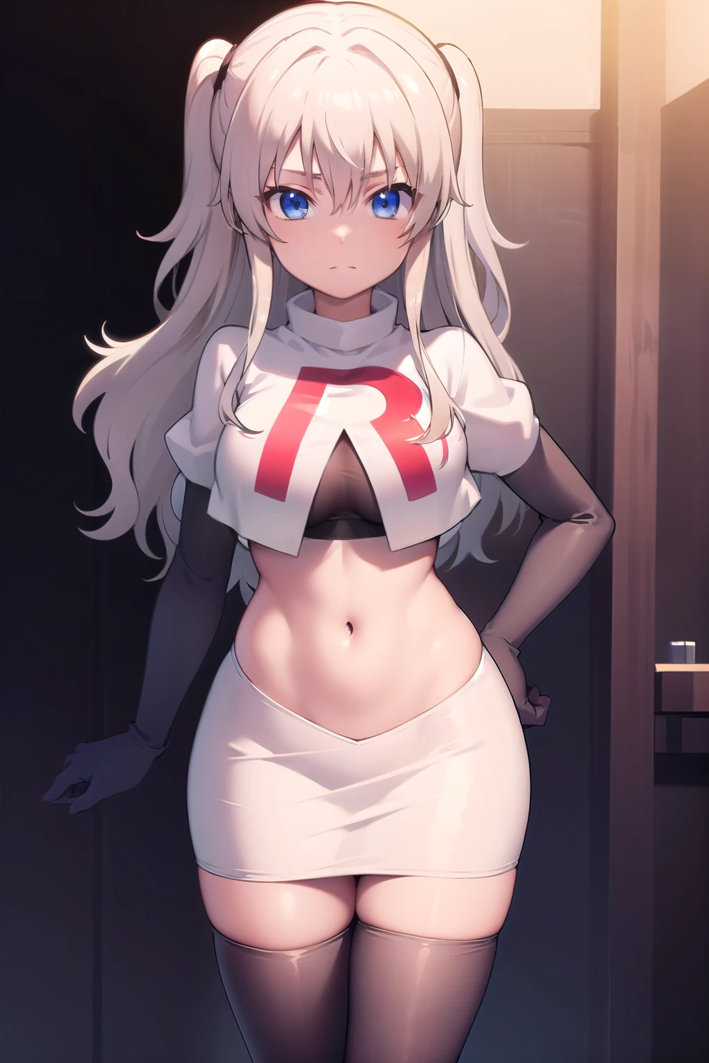 1girl,åå©å¥ç»ª,long hair,two side up,white hair,blue eyes,hair between eyes,
team rocket,team rocket uniform,white skirt,red letter R,crop top,black thigh-highs,black elbow gloves,, (masterpiece:1,2), best quality, masterpiece, highres, original, extremely detailed wallpaper, perfect lighting,(extremely detailed CG:1.2),