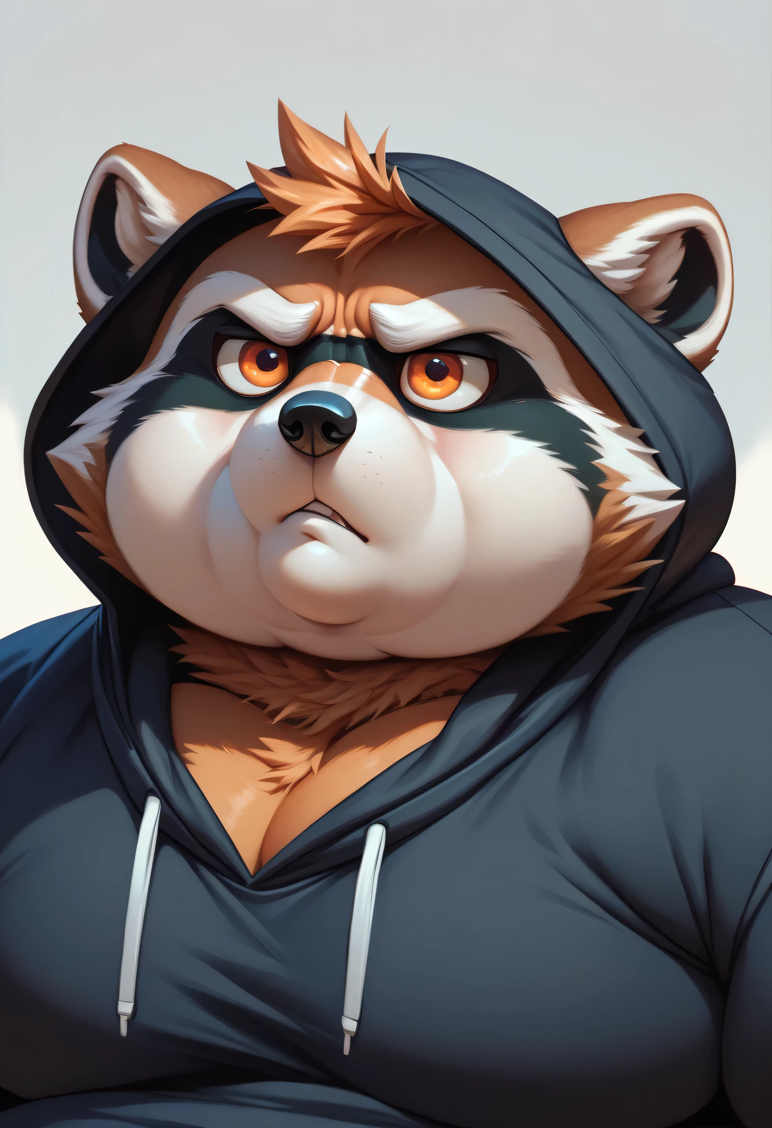 (Raccoon), anthro, (wearing orange coat), high detail, high resolution, raw photo, gray background, solo, ((male body)), high quality, hi res, sharp body, detailed, detailed, cartoony, ((looking at the viewer)), angry, crazy, chubby, muffin top, full body, ((full body portrait)), far, (((full body concept))), gray skin, brown hair