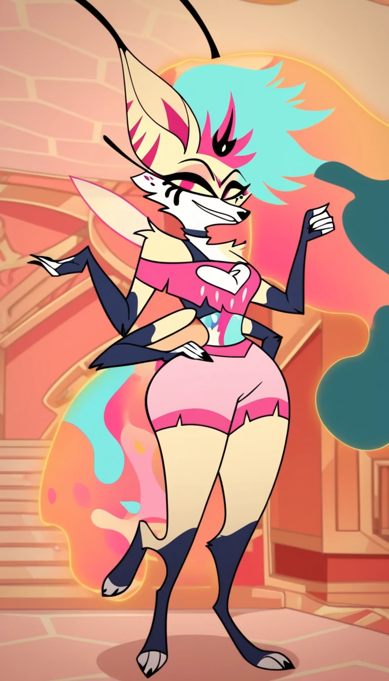 female anthro fox, mint green fur, pink eyes, ringmaster, circus, carnival, red and yellow, energetic atmosphere, carnivalia, mildly intense atmosphere, daring pose, blue bottoms, white gloves, red top, SFW,