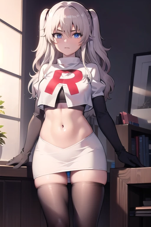 1girl,åå©å¥ç»ª,long hair,two side up,white hair,blue eyes,hair between eyes,
team rocket,team rocket uniform,white skirt,red letter R,crop top,black thigh-highs,black elbow gloves,, (masterpiece:1,2), best quality, masterpiece, highres, original, extremely detailed wallpaper, perfect lighting,(extremely detailed CG:1.2),