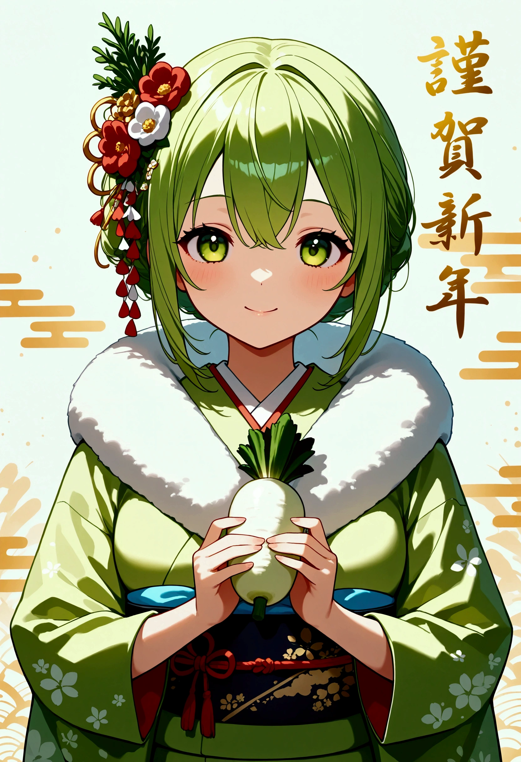  daikon-chan wearing white and green kimono、 New Year's Greetings、 daikon kagamimochi decoration 、Daikon Kadomatsu 