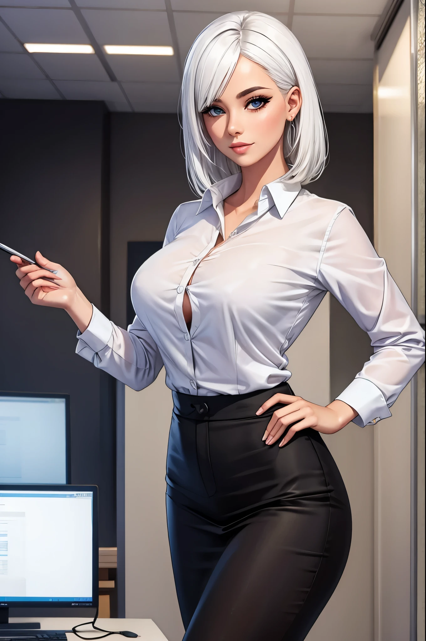Uma garota sexy com cabelos castanhos, she's in an office, she is wearing a white sexy outfit
