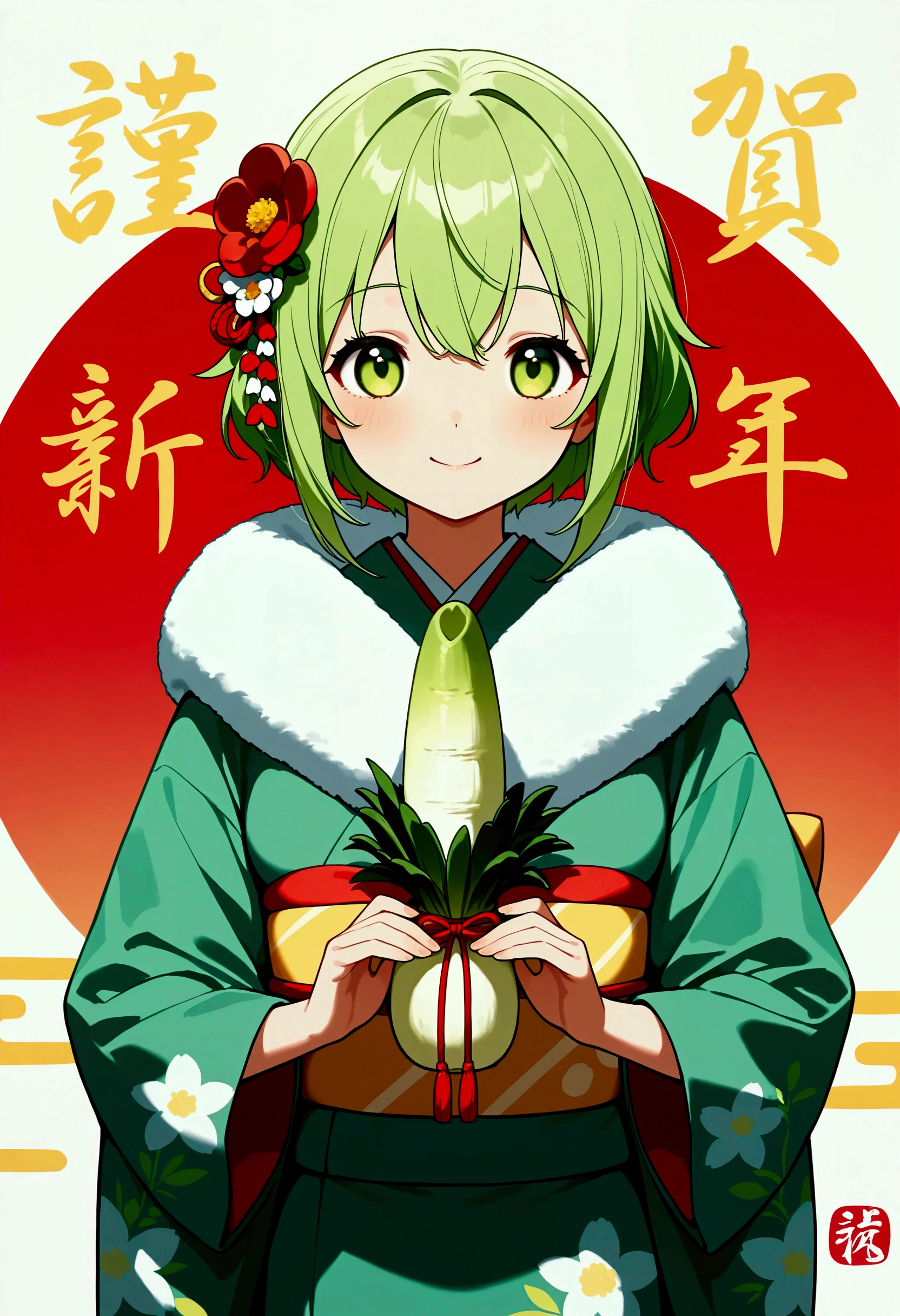  daikon-chan wearing white and green kimono、 New Year's Greetings、 daikon kagamimochi decoration 、Daikon Kadomatsu 