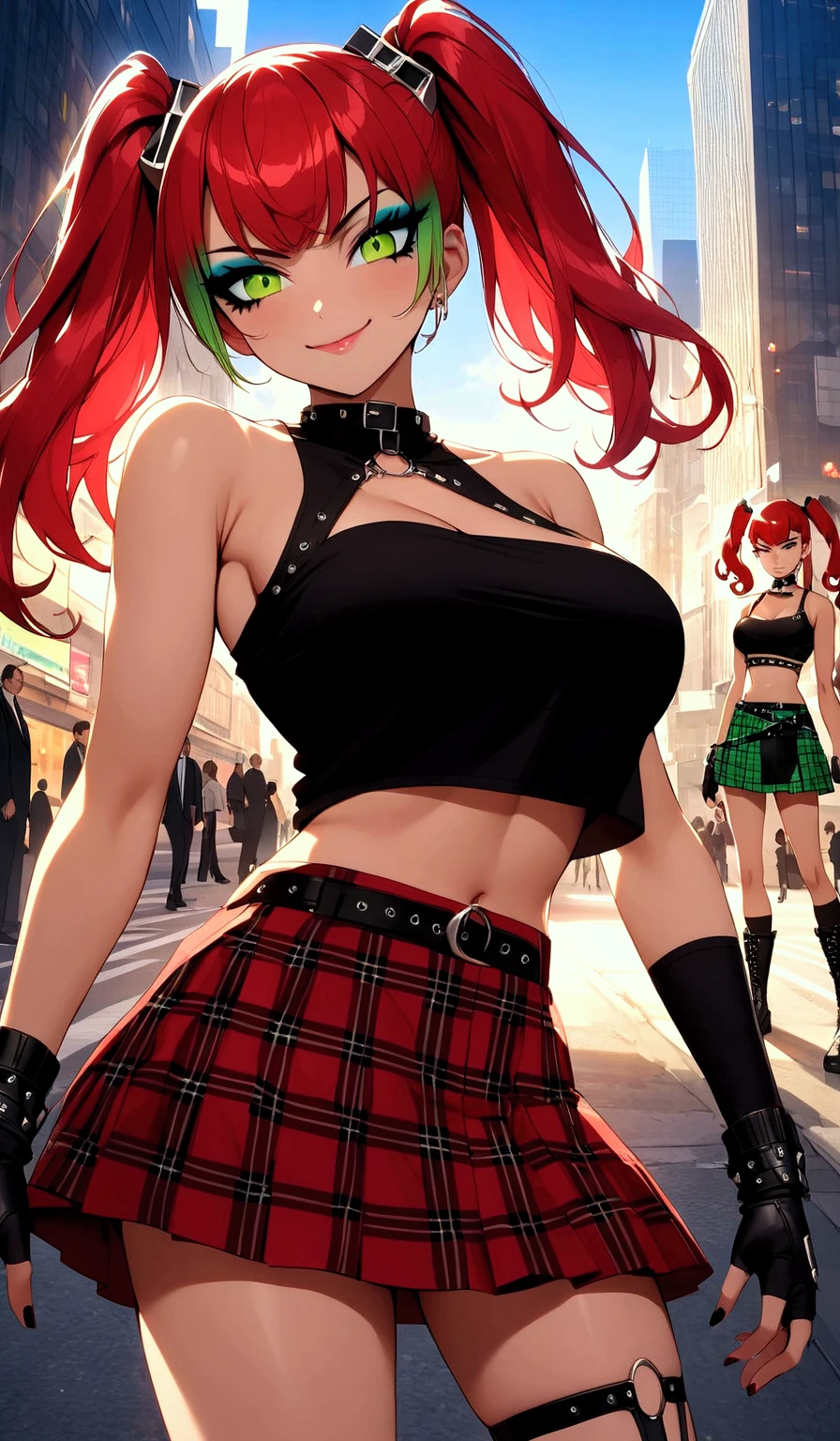 woman, grin, curly red hair in pig tails with ribbons, green eyes, black eyeshadow, wearing crop top black shirt, black jacket, red plaid skirt, black knee high boots, black fingerless gloves, exposed shoulders, large breasts, freckles, abs, cleavage, looking up at viewer, masterpiece, best quality, Holo-Punk Style, dancing on stage, make up, eyelashes, fish net undershirt, fish net stockings, (full body)