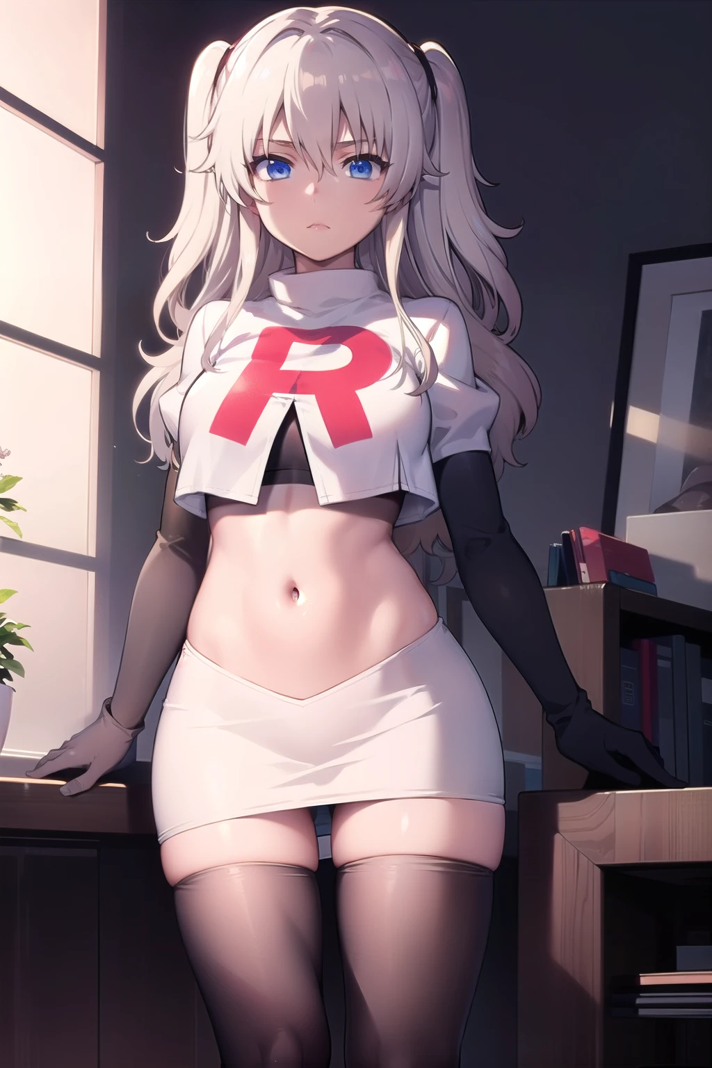 1girl,åå©å¥ç»ª,long hair,two side up,white hair,blue eyes,hair between eyes,
team rocket,team rocket uniform,white skirt,red letter R,crop top,black thigh-highs,black elbow gloves,, (masterpiece:1,2), best quality, masterpiece, highres, original, extremely detailed wallpaper, perfect lighting,(extremely detailed CG:1.2),