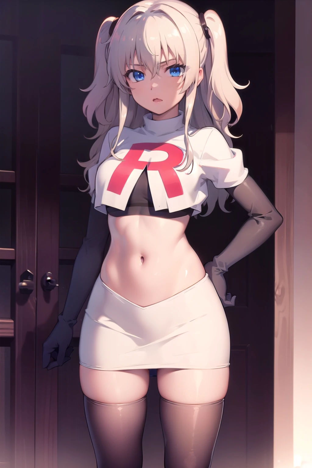 1girl,åå©å¥ç»ª,long hair,two side up,white hair,blue eyes,hair between eyes,
team rocket,team rocket uniform,white skirt,red letter R,crop top,black thigh-highs,black elbow gloves,, (masterpiece:1,2), best quality, masterpiece, highres, original, extremely detailed wallpaper, perfect lighting,(extremely detailed CG:1.2),