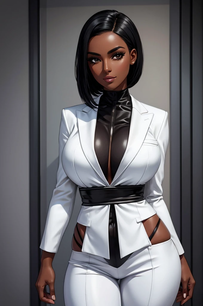 obra prima, melhor qualidade, ((only one woman,)) ((grace jones, black skin,)) head back, ((sexy sultry wicked look, open mouth, pucker mouth,)) thick smoky black eye shadow, long fake eyelashes, ((wearing metallic white leather biker blazer,)) ((jacket is unzipped and wide open, small breasts, nip slip,)) jacket has padded puff shoulders, shiny leather gloves, ((metallic white micro mini leather skirt,)) body is skinny, shiny tight buttocks, sexy glamour pose, arched back, (camera view of whole body,) looking up at me, shallow depth of field, highres, HD, 8k, anatomically correct