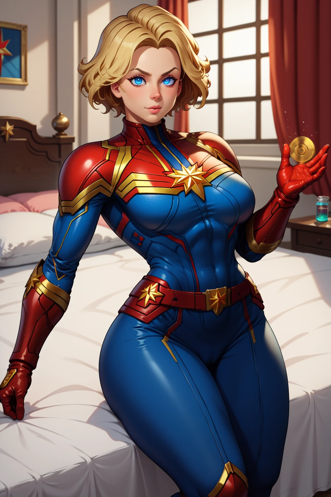 ((super detailed)),(super detailed), highly detailed 8k CG unified wallpaper, bodysuit, pose, cowboy photo, lens flare. The girl has a plump,Captain Marvel, chubby body. Her height is about 5 feet 2 inches (157 cm), similar to her mother's large body. Her skin is white and smooth. In terms of facial features, she has soft and lustful facial features. She has a slim nose and plump, naturally rosy lips. Her eyebrows are beautifully shaped and neatly curved, framing her eyes beautifully. She is very big and has a beautiful figure. they are big and you can see the outline of her nipples. Overall, her (lewd, drooling) smile conveys her lecherous, slut-like nature. A sexy girl with a big and thick body is wearing a bodysuit where you can see all her curves and her hair hugs her nipples. She has thick breasts and the suit is very tight and covers her entire body, you can see all her curves and body. The full body suit is very tight, you can see her entire body, her slim waist, she's a girl ready to be a fucking machine,with a cock-craving cunt,Her body sways and you can see her breasts are full of milk flowing out
