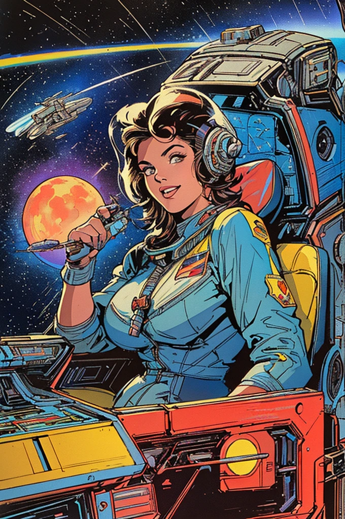 (((Top Quality Masterpiece ))),(((solo:1.2))),((( 1 woman :1.2))), 32K Highly Detailed Wallpaper , Retro Vintage Style ,(dynamic Angles),((( overwhelming highlights))),((most complex machine)), American comics with a very flashy color scheme,80s space thriller movie poster ,70s movie poster,Detailed space station、(((Detailed and perfect woman ))),((( bust up))),(((Ecstasy Satellite Cockpit )))