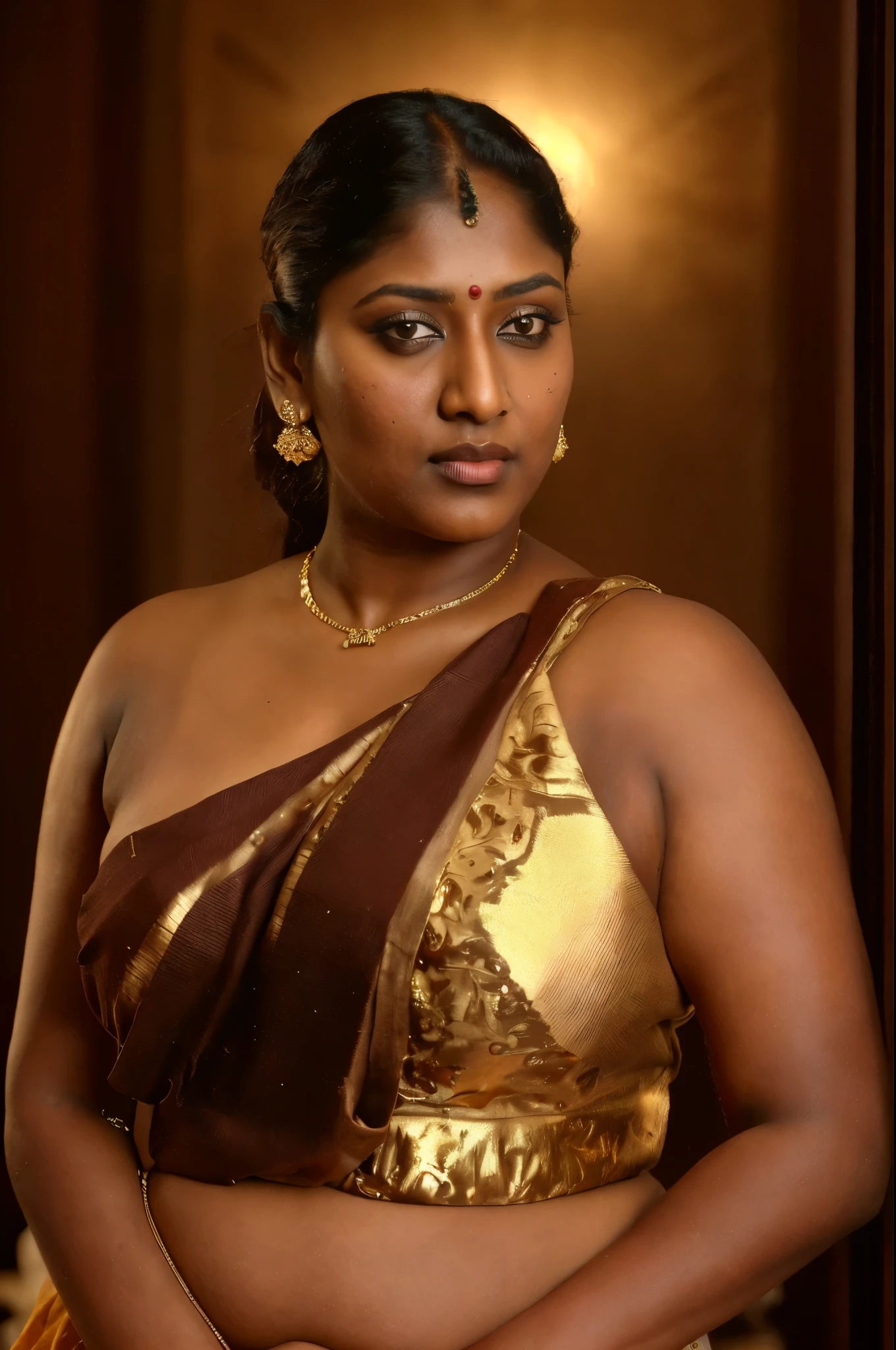 Looks like Nayanthara, thick figure, bulky figure, fleshy figure, black lips, beautiful hypnotizing gazing eyes, Full figured woman, heavy figure, attractive, gorgeous, stunning beauty, milf, 50 years old Woman, attractive body, araffe woman in a gold sari posing for a picture, chocolate skin, skin pores, sweat, incredible skin texture, wearing gold jewellery, photo of a hand jewellery model, sexy girl with dark complexion, indian girl with brown skin, traditional beauty, wearing elegant jewellery, traditional makeup, with small studded earings, indian goddess, indian, intricate thin details in gold, gold jewellery, modeling shoot, 7 0 mm portrait, dramatic lighting, cinematic colour grading,