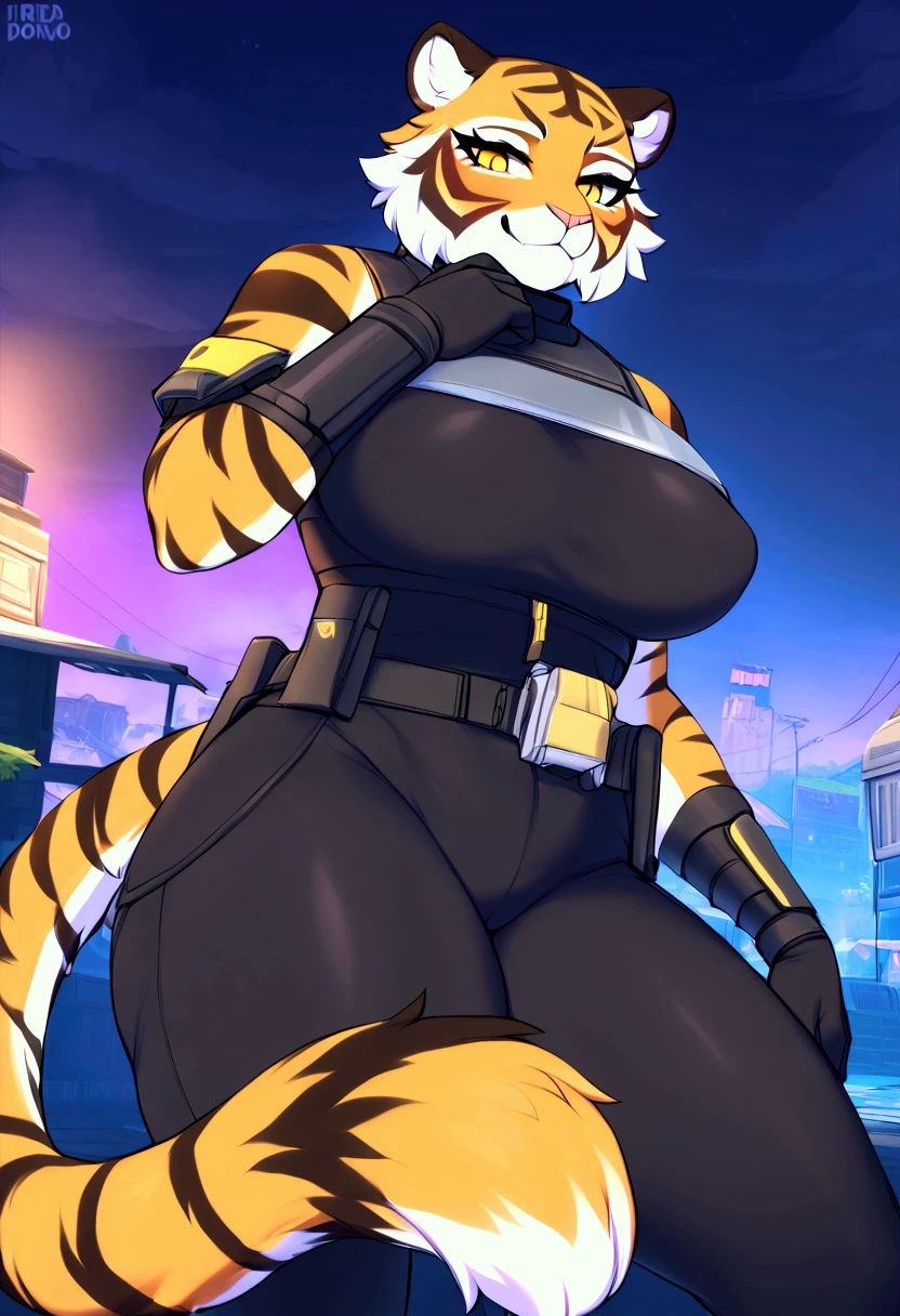 (top quality, best quality, Iriedono, High-quality illustrations, masterpiece, perfect artwork, cinematic light and shading, 16k, 1080p, uploaded on e621)(kemono, furry, anthro, alone), 1 larger female, (very detailed body, face, tail, arms, hands, legs, head and eyes), Helldiver, tiger, Oscar, (Fortnite), big breasts, thick thighs, fur, fluffy, tiger ears, tiger fluffy tail, perfect eyes, yellow eyes, black pupils, beautiful Helldiver outfit, beautiful Helldiver armor, night city, body movement, body twitching, jiggle physics,