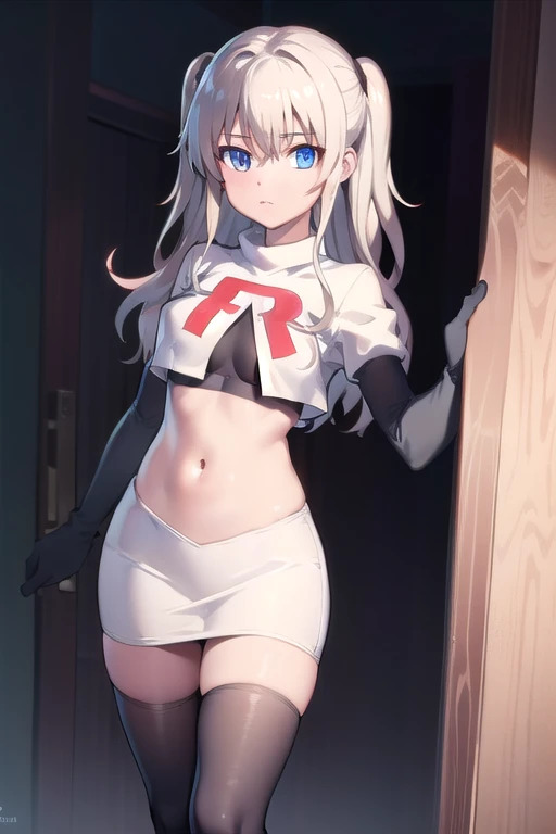 1girl,åå©å¥ç»ª,long hair,two side up,white hair,blue eyes,hair between eyes,
team rocket,team rocket uniform,white skirt,red letter R,crop top,black thigh-highs,black elbow gloves,, (masterpiece:1,2), best quality, masterpiece, highres, original, extremely detailed wallpaper, perfect lighting,(extremely detailed CG:1.2),