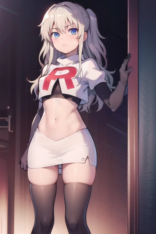 1girl,åå©å¥ç»ª,long hair,two side up,white hair,blue eyes,hair between eyes,
team rocket,team rocket uniform,white skirt,red letter R,crop top,black thigh-highs,black elbow gloves,, (masterpiece:1,2), best quality, masterpiece, highres, original, extremely detailed wallpaper, perfect lighting,(extremely detailed CG:1.2),