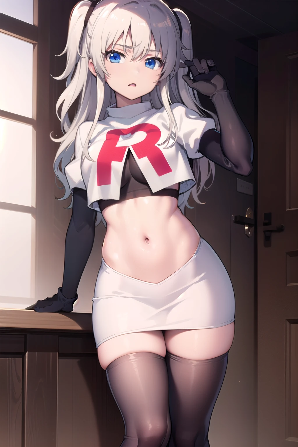 1girl,åå©å¥ç»ª,long hair,two side up,white hair,blue eyes,hair between eyes,
team rocket,team rocket uniform,white skirt,red letter R,crop top,black thigh-highs,black elbow gloves,, (masterpiece:1,2), best quality, masterpiece, highres, original, extremely detailed wallpaper, perfect lighting,(extremely detailed CG:1.2),