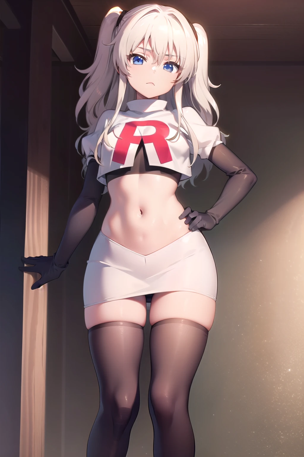 1girl,åå©å¥ç»ª,long hair,two side up,white hair,blue eyes,hair between eyes,
team rocket,team rocket uniform,white skirt,red letter R,crop top,black thigh-highs,black elbow gloves,, (masterpiece:1,2), best quality, masterpiece, highres, original, extremely detailed wallpaper, perfect lighting,(extremely detailed CG:1.2),