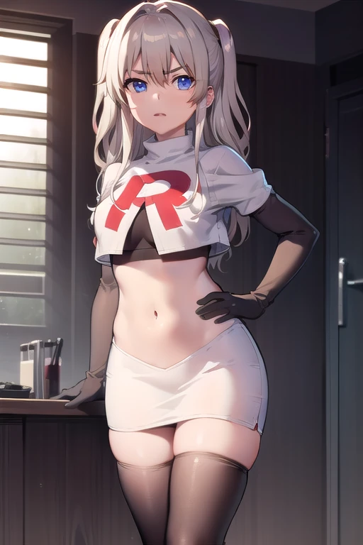 1girl,åå©å¥ç»ª,long hair,two side up,white hair,blue eyes,hair between eyes,
team rocket,team rocket uniform,white skirt,red letter R,crop top,black thigh-highs,black elbow gloves,, (masterpiece:1,2), best quality, masterpiece, highres, original, extremely detailed wallpaper, perfect lighting,(extremely detailed CG:1.2),