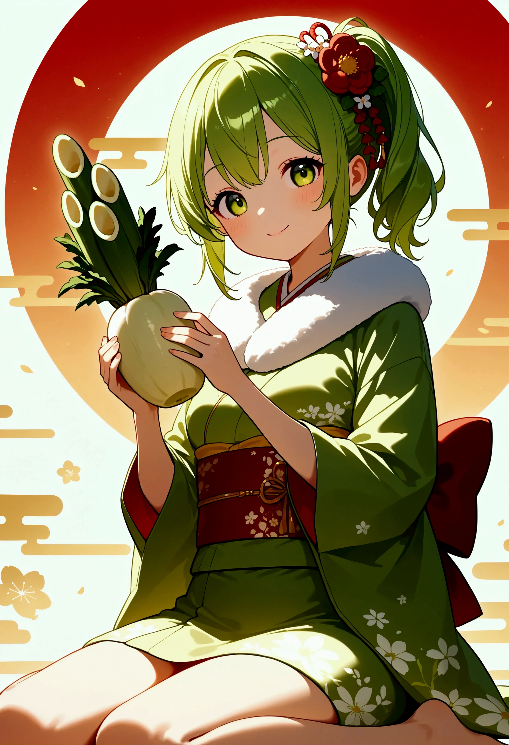  daikon-chan wearing white and green kimono、 New Year's Greetings、 daikon kagamimochi decoration 、Daikon Kadomatsu 