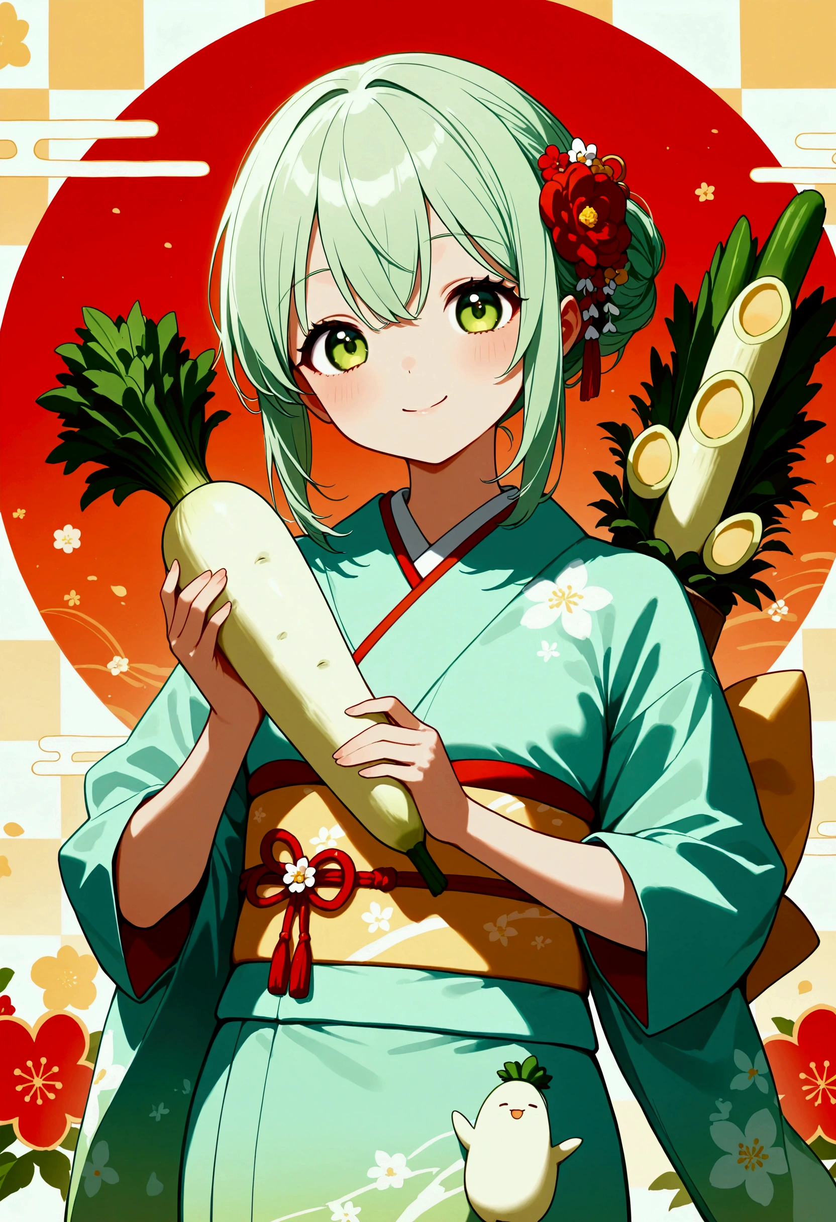  daikon-chan wearing white and green kimono、 New Year's Greetings、 daikon kagamimochi decoration 、Daikon Kadomatsu 