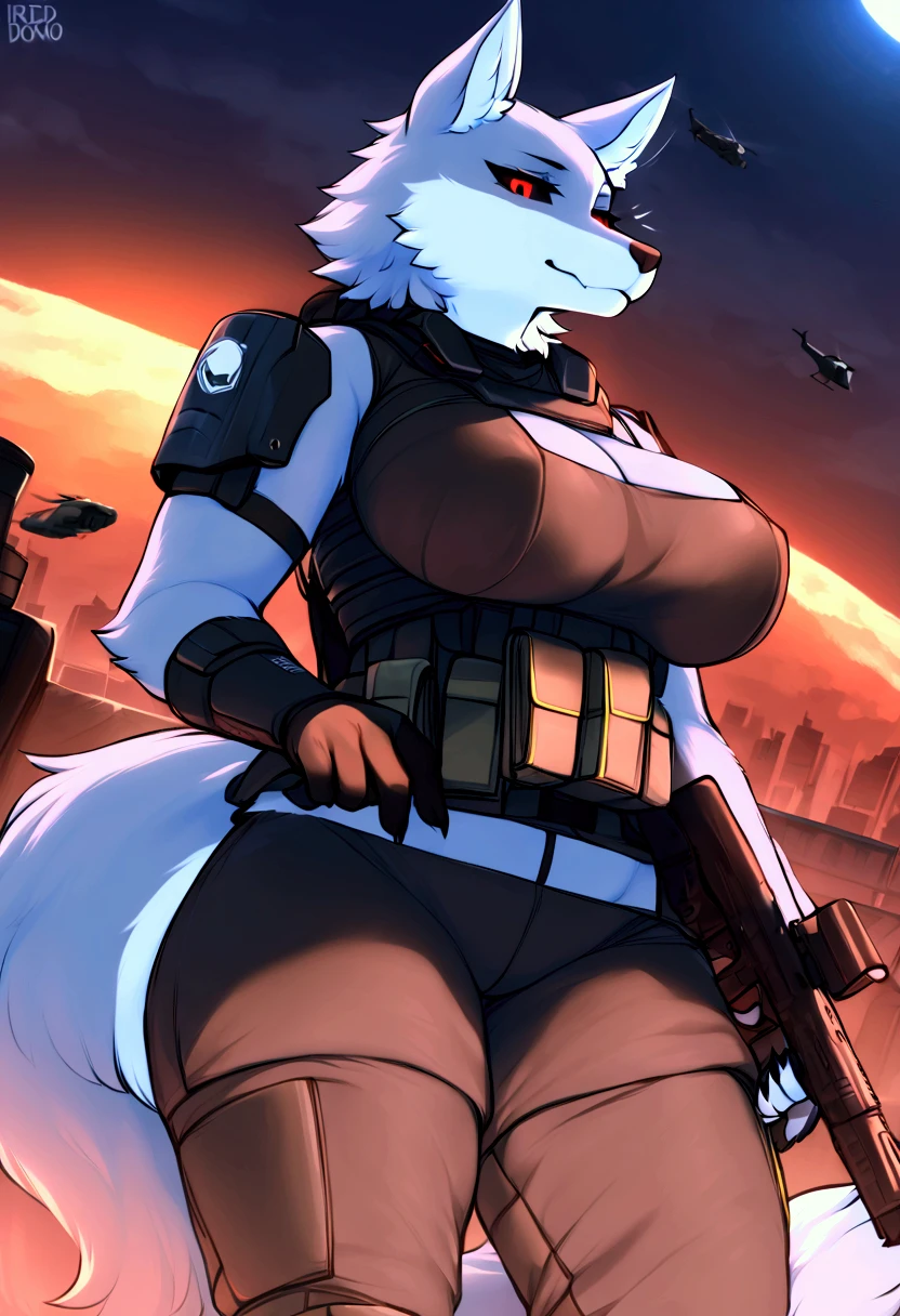 (top quality, best quality, Iriedono, High-quality illustrations, masterpiece, perfect artwork, cinematic light and shading, 16k, 1080p, uploaded on e621)(kemono, furry, anthro, alone), 1 larger female, (very detailed body, face, tail, arms, hands, legs, head and eyes), Helldiver, grey wolf, Death, big breasts, thick thighs, grey fur, fluffy, wolf ears, wolf fluffy tail, perfect eyes, black sclera eyes, red eyes, beautiful Helldiver outfit, beautiful Helldiver armor, night city, body movement, body twitching, jiggle physics,