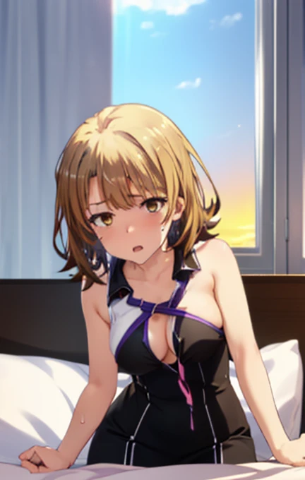 Irohaisshiki, Isshiki Iroha ,  shorthair ,  brown hair, ( Half Open Eyes 、 brown eyes:1.5), open your mouth,
break (Sunset light shining through a window、Big Breasts、 M lettering、 full body photo、Rounded, rich breasts、Curved waist、vagina.naked、nose blushed. sweaty、sexual climax.bedroom、 on the bed、Female top sex、:1.4)、
break looking at viewer,
break (masterpiece:1.2),  top quality ,  high resolution,  Unity 8K Wallpaper , (shape:0.8), ( detailed and beautiful eyes :1.6),  very detailed face ,  perfect lighting,   very detailed CG  , (perfect hand,  perfect anatomy),