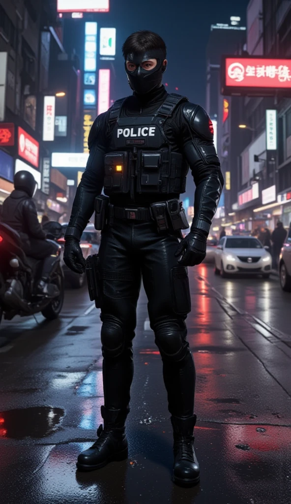  Full image of a muscular adult male , 2 meters tall ,  police dressed in tactical gear , In PTU ,  dressed in a black leather suit , a mask,  style and .  An elegant leather suit provides full coverage ,  creating dark and tense atmosphere .  The scene is illuminated by dim lights ,  casting dramatic shadows ,  that enhance the mysterious and domineering presence . It stands against the backdrop of the city of the future.  Cover Idea Ready for Action .  Composition emphasizes his domineering posture and the tactical accuracy of his equipment,  Urban technologies of the future  , tactical boots combining elegant ,  futuristic aesthetics with a rough ,   Law enforcement atmosphere  . cyberpunk city streets 

