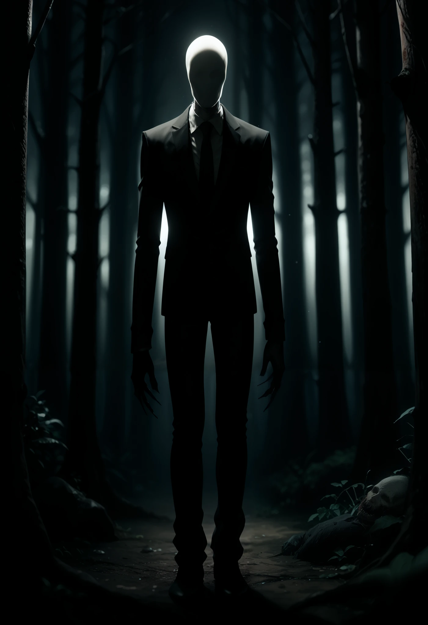 1man, slenderman, creepypasta, faceless, white skin, black suit, black tie, black pants, long arms, long legs, dread, foggy forest, dark theme, looking at viewer, (blurry background), depth of field, masterpiece, best quality, good quality, newest, ultra quality, high detailed