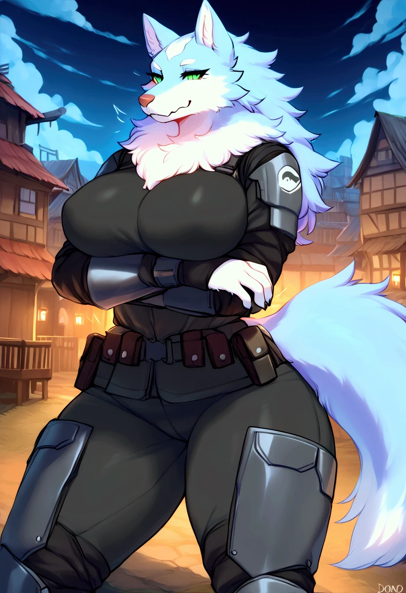 (top quality, best quality, Iriedono, High-quality illustrations, masterpiece, perfect artwork, cinematic light and shading, 16k, 1080p, uploaded on e621)(kemono, furry, anthro, alone), 1 larger female, (very detailed body, face, tail, arms, hands, legs, head and eyes), Helldiver, wolf, Fel, (Cooking In Another World with My Absurd Skill), big breasts, thick thighs, fur, fluffy, wolf ears, wolf fluffy tail, perfect eyes, green eyes, black pupils, beautiful Helldiver outfit, beautiful Helldiver armor, beautiful night village, body movement, body twitching, jiggle physics,