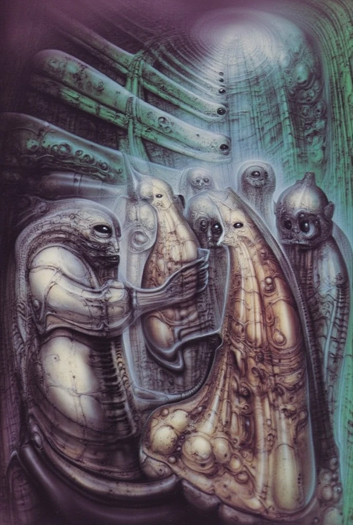 g1g3r, Giger_style, The image is a detailed view of H.R. Giger's \" Li II \" plate, featuring a complex network of bones and organs in a purple-brown hue ,swirling gray and brown colorsgroup of three alien figures positioned in the foreground.  Emaciated and skeletal, with hollow eyes, they appear to be constructed from bone and  metallic  elements,  a  characteristic  fusion  of  organic  and  mechanical  forms  found  in  Giger's  biomechanical  art.  
 The image features a robotic humanoid figure with intricate mechanical details, standing in a room and a hand reaching out to touch its face.  The background is a dark and  limited  space  painted  in  a  uniform  blue-green color.  This  lack  of  detail  keeps  the  focus  on  the  figures  and  creates  a  sense  of  mystery  about  their  environment.  Receding into the distance  are  a  series  of  arches  and  tunnels  that  hint  at  a  larger  biomechanical  landscape,  possibly  the  work  of  the  creatures  themselves The artwork is silver and purplish brown, with an ivory bones prominently displayed. The image is highly detailed and intricate, almost like a 3d version of a medical diagram (detailed view of an anatomy model, possibly of a human body, with transparent organs and bones exposed). The piece has a thick mechano-organic texture and is covered in fine details. The image has a swirling, organic quality to it. The artistic manner would be unmistakably Gigeresque. A dark and unsettling beauty would permeate the piece, blurring the lines between fascination and repulsion , forever haunted by the grotesque allure. Giger's signature artistic manner would be evident in every stroke. The airbrush would be wielded with masterful precision to create a hyperrealistic yet nightmarish aesthetic.., ooze soaked pajama top
