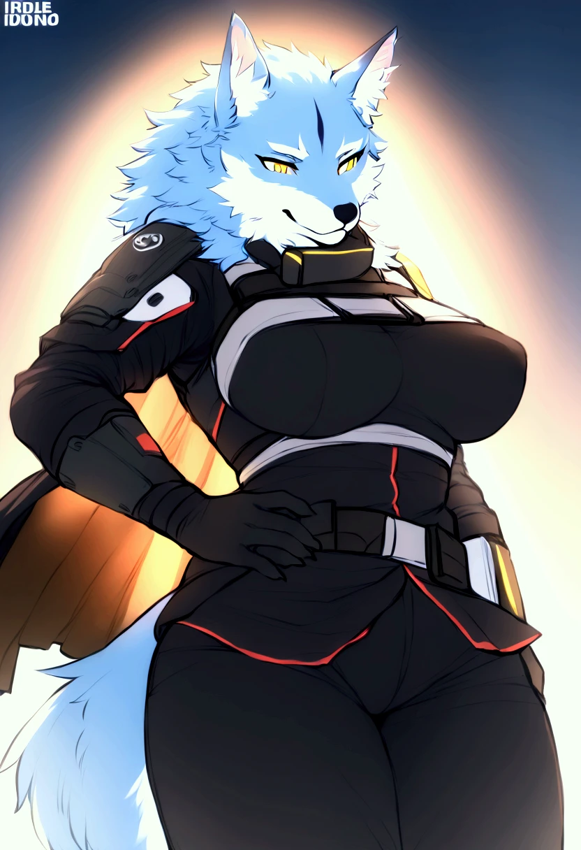 (top quality, best quality, Iriedono, High-quality illustrations, masterpiece, perfect artwork, cinematic light and shading, 16k, 1080p, uploaded on e621)(kemono, furry, anthro, alone), 1 larger female, (very detailed body, face, tail, arms, hands, legs, head and eyes), Helldiver, wolf, Law, (Sdorica), big breasts, fur, fluffy, wolf ears, wolf fluffy tail, perfect eyes, yellow eyes, black pupils, beautiful Helldiver outfit, beautiful Helldiver armor, body movement, body twitching, jiggle physics,