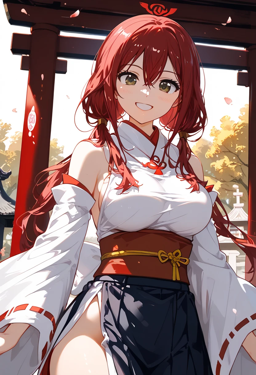 masterpiece, soft light, (((highest quality, perfect anatomy, cowboy  shot,))), 1girl,  at shrine,  BREAK 

(((from front, shrine maiden,))) (( standing, happy, smile,)) place your hand in front of your stomach, BREAK

(super beautiful, cute, silky skin),  wahuku, BREAK 

erza scarlet, long hair, (((low twintails,))) red hair, hair between eyes, brown eyes, large breasts,    BREAK