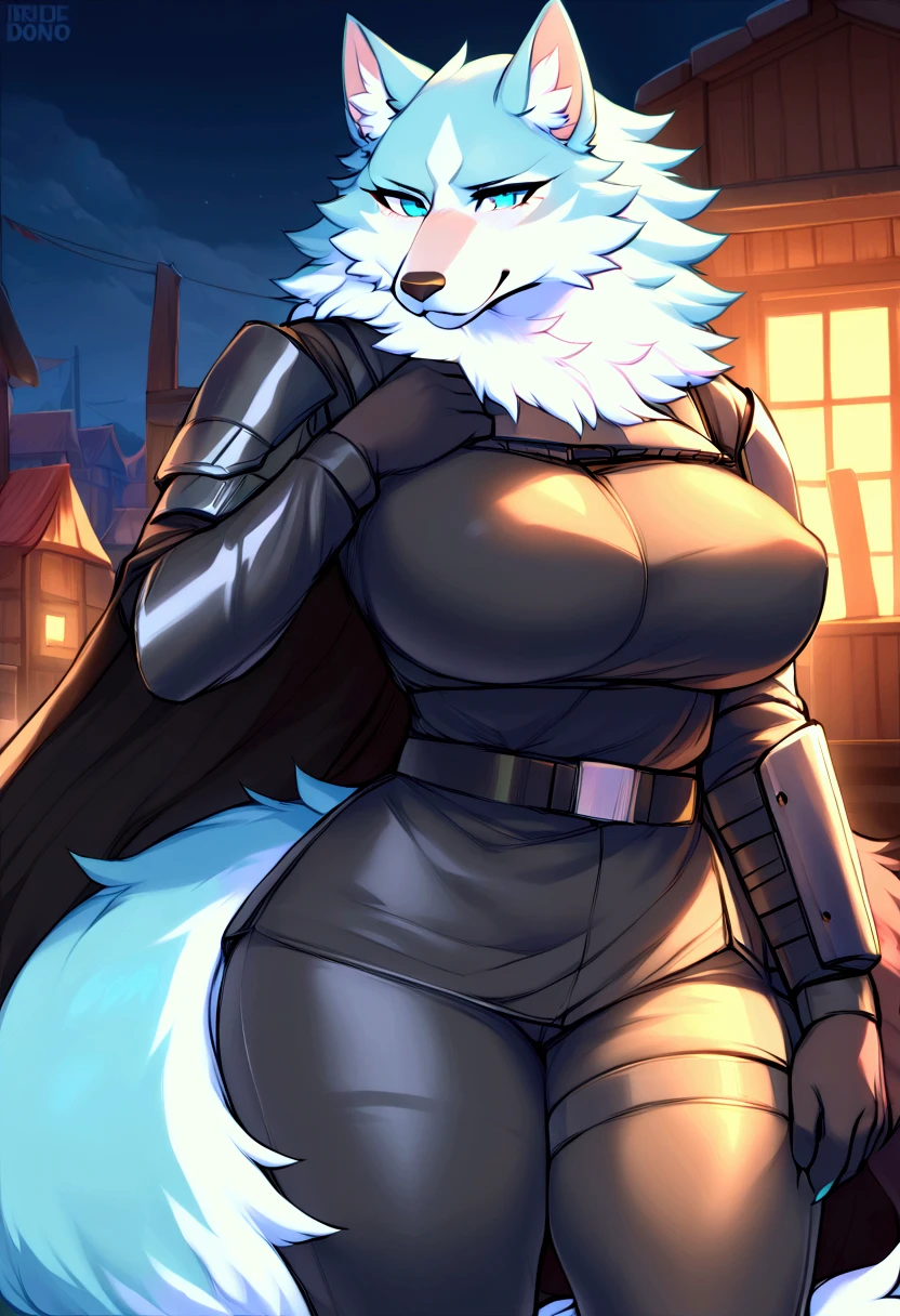 (top quality, best quality, Iriedono, High-quality illustrations, masterpiece, perfect artwork, cinematic light and shading, 16k, 1080p, uploaded on e621)(kemono, furry, anthro, alone), 1 larger female, (very detailed body, face, tail, arms, hands, legs, head and eyes), Helldiver, wolf, Shirou Ogami, (Brand New Animal), big breasts, thick thighs, fur, fluffy, wolf ears, wolf fluffy tail, perfect eyes, blue eyes, black pupils, beautiful Helldiver outfit, beautiful Helldiver armor, beautiful night village, body movement, body twitching, jiggle physics,