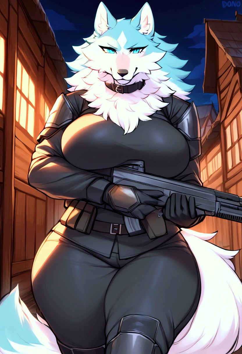 (top quality, best quality, Iriedono, High-quality illustrations, masterpiece, perfect artwork, cinematic light and shading, 16k, 1080p, uploaded on e621)(kemono, furry, anthro, alone), 1 larger female, (very detailed body, face, tail, arms, hands, legs, head and eyes), Helldiver, wolf, Shirou Ogami, (Brand New Animal), big breasts, thick thighs, fur, fluffy, wolf ears, wolf fluffy tail, perfect eyes, blue eyes, black pupils, beautiful Helldiver outfit, beautiful Helldiver armor, beautiful night village, body movement, body twitching, jiggle physics,